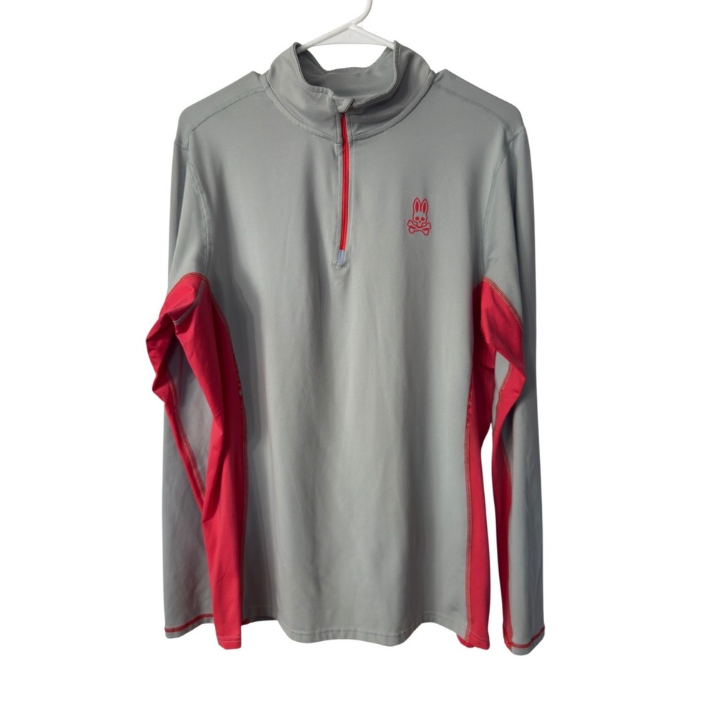 Psycho Bunny Mens Grey Pink Quarter Zip Pullover Performance Shirt Size M